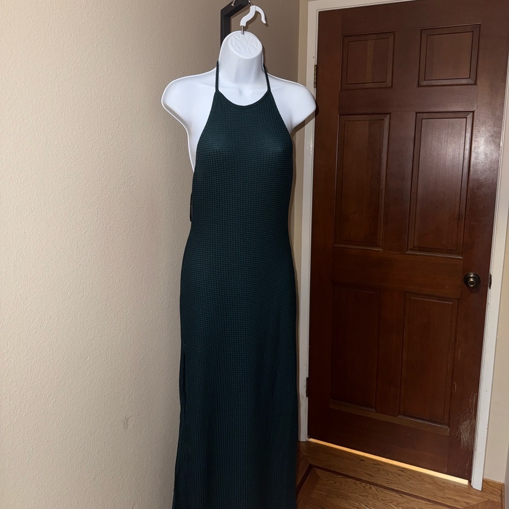 SHEIN Dark Green/Black Waffle Texture Halter Backless Maxi Dress Women’s Size M